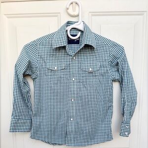 Wrangler Boys Medium Western Snap Shirt Green Gingham Cowboy Rodeo